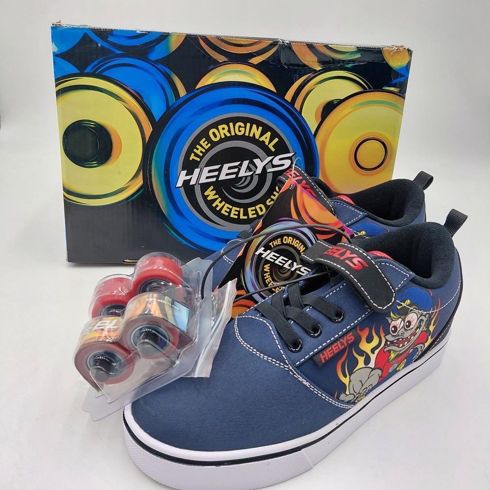 Heelys Pro 20 X2 Prints Wheeled Skate Shoes Navy Blue Monster Flame Youth 5 NEW